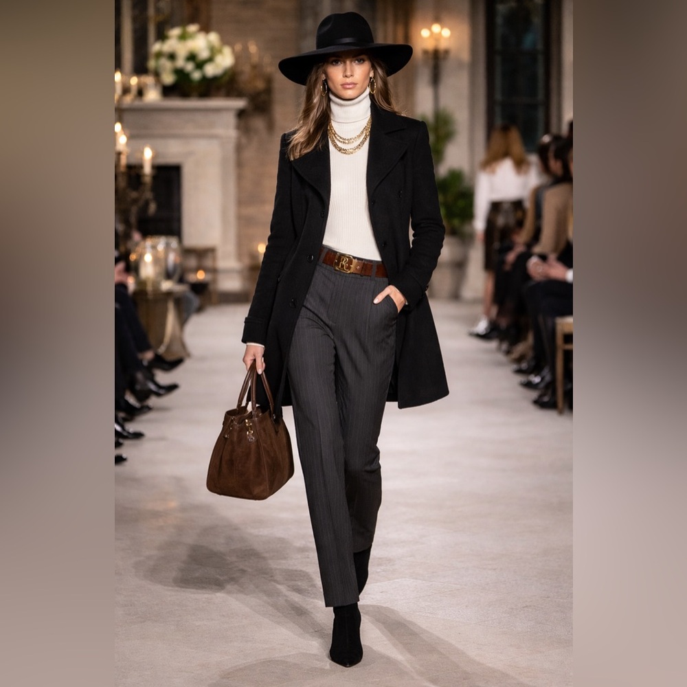 Ralph Lauren Black Wool Long Coat with Classic Lapel